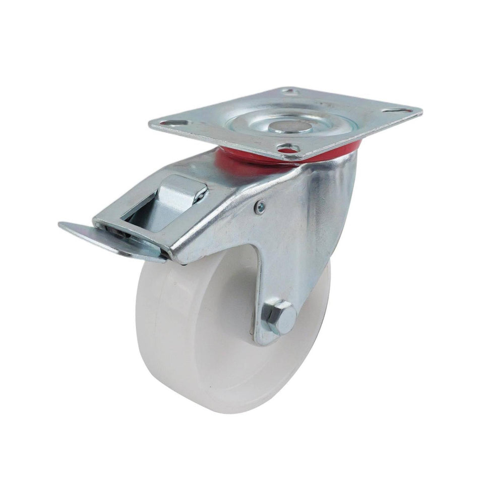100mm Swivel Castor Wheel Plate Brake White Polypropylene 70kg Load Castor - Select Hardware