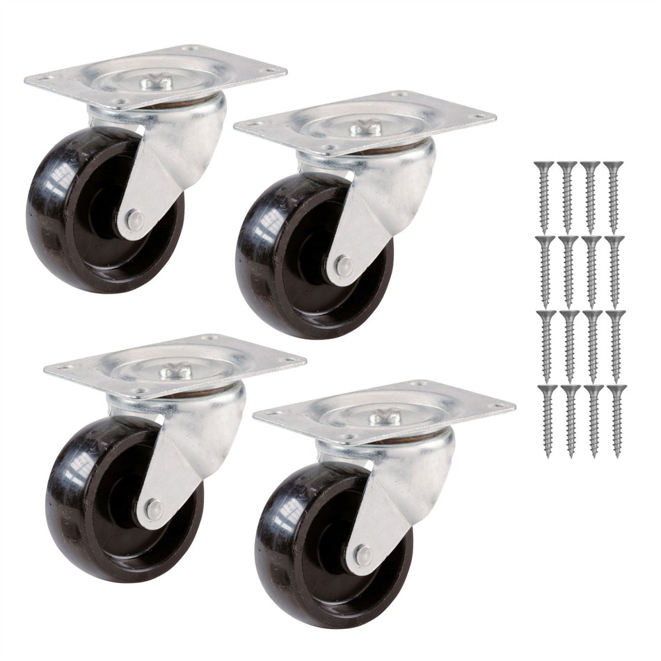 Swivel Castor Wheels 32mm Diameter, Plate Fixing, 18kg Load - 4 Pack