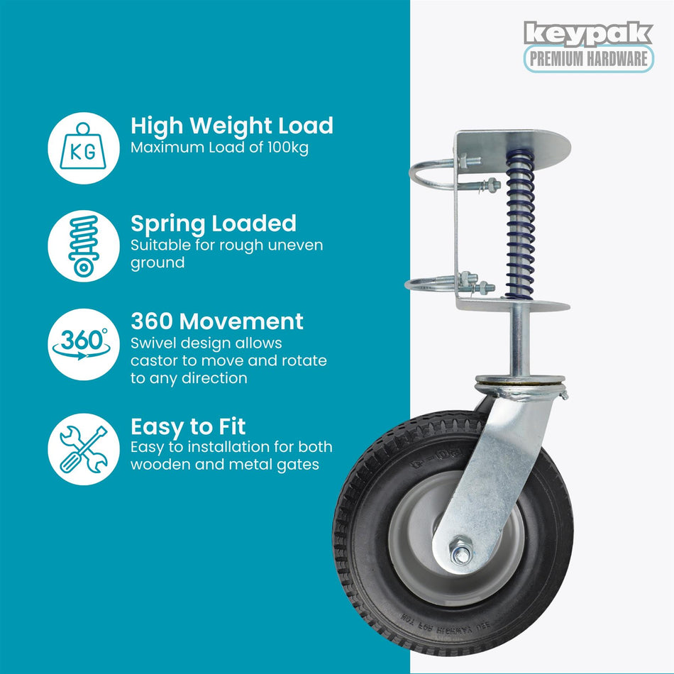 200mm (8in) Flat-Free Spring-Loaded Gate Wheel, 100kg Swivel Castor