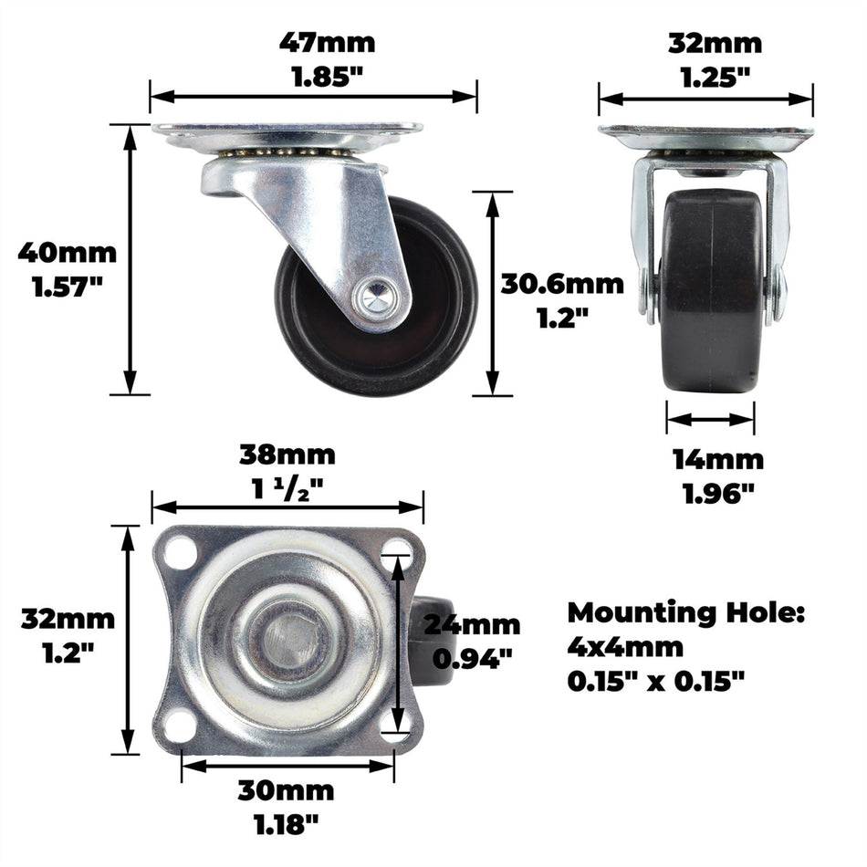 Swivel Castor Wheels 30mm Diameter, Black Plastic, Plate Fixing - 4 Pack