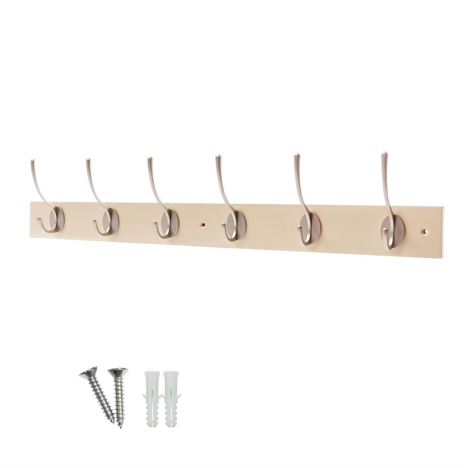 Cream Wall Mounted Coat Rack with Victorian Satin Nickel Hooks - 6 Double Hooks