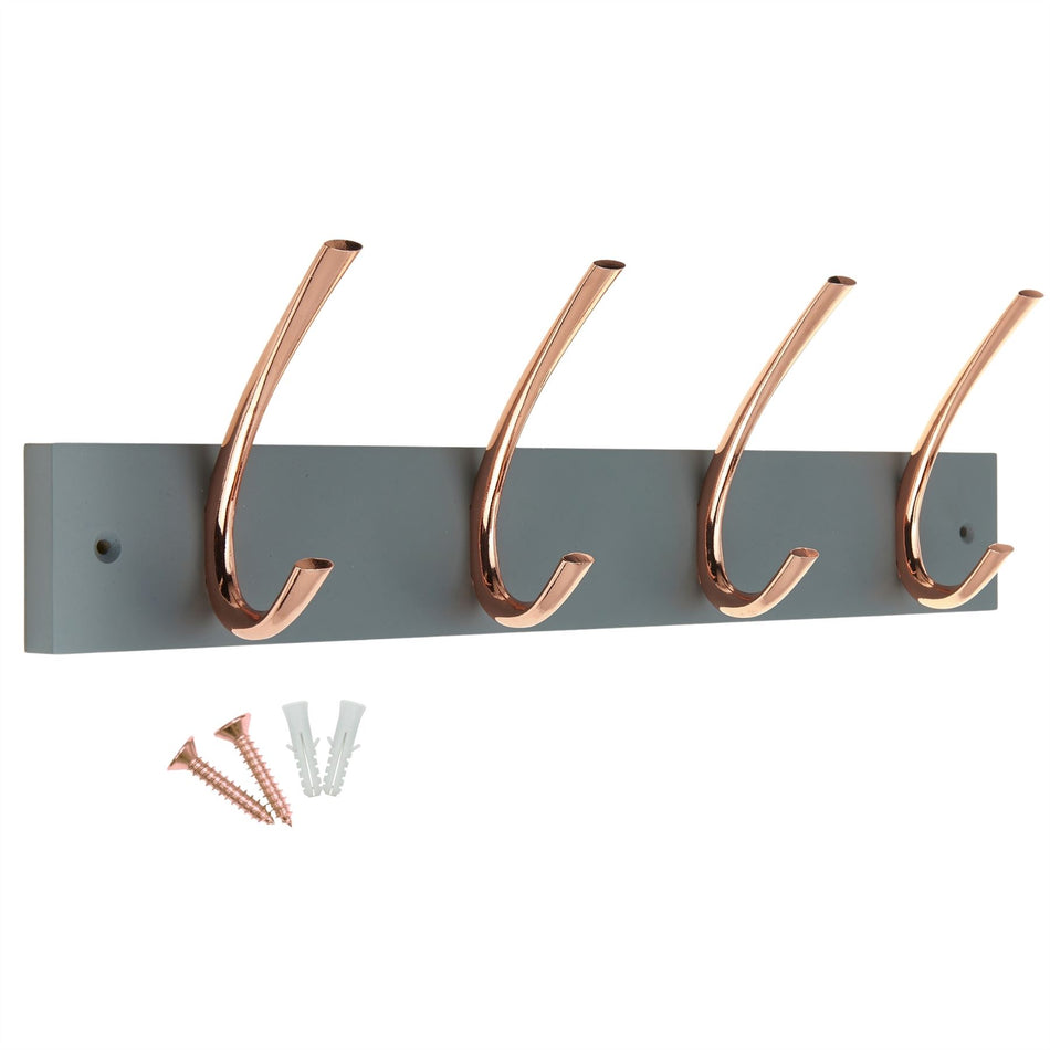 Grey Wall Mounted Coat Rack, 4 Polished Copper Ribbed Hooks