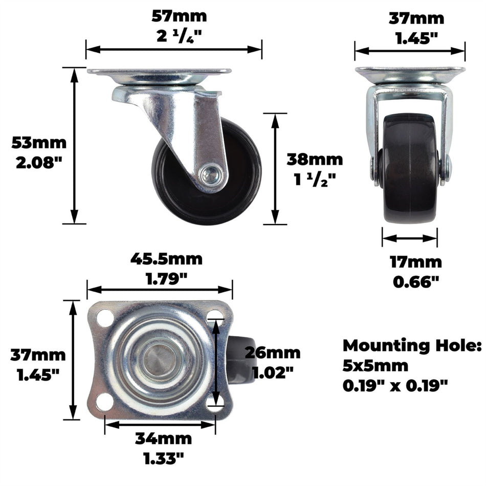 Swivel Castor Wheels 40mm Diameter, Black Plastic, Plate Fixing - 4 Pack