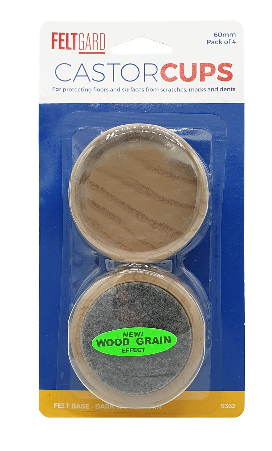 Furniture Castor Cups 60mm Felt Base Dark Wood Grain