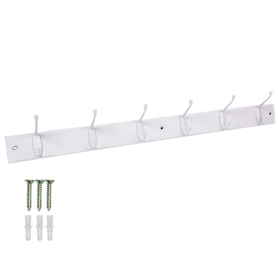 6-Hook Wall Mounted Coat Rack White Board, Double White Hooks