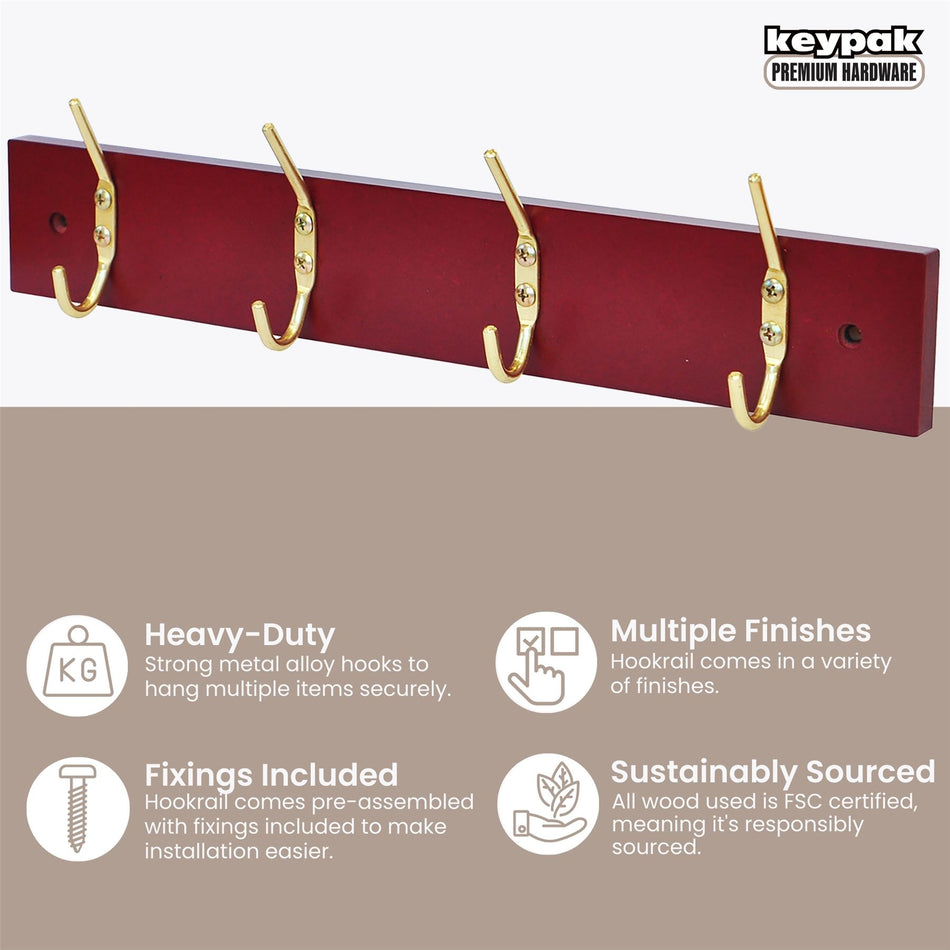 4 Brass Coat Hooks on Mahogany Wooden Board