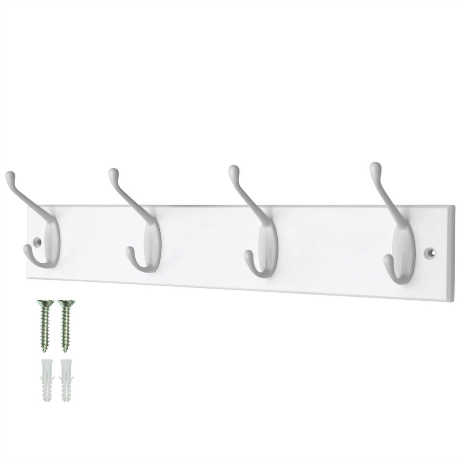 4-Hook Wall Mounted Coat Rack 45cm White Board-Double White Hooks
