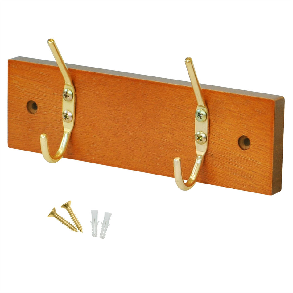 2 Brass Coat Hooks on Pine Wooden Board