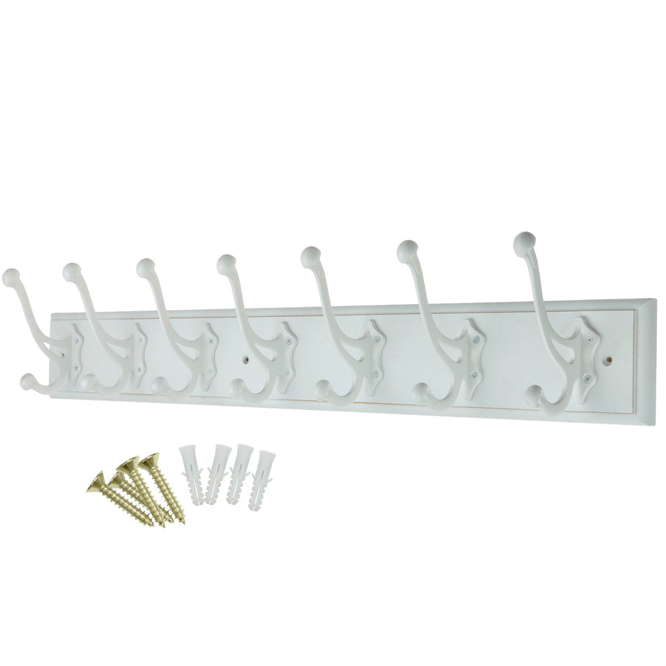 Wall Mounted Rustic Coat Rack 84cm - 7 Double Hooks - White