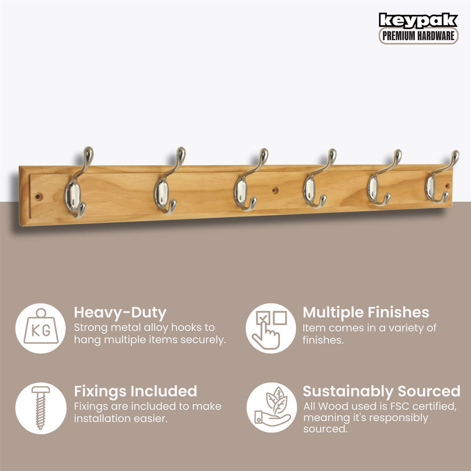 6 Polished Chrome Heavy-Duty Hooks on Pine Wooden Board