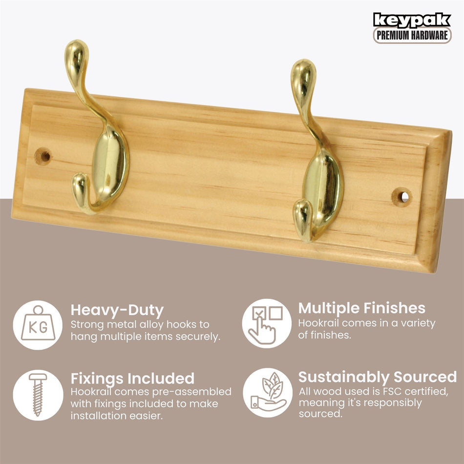 2 Polished Brass Hooks on Pine Wooden Board