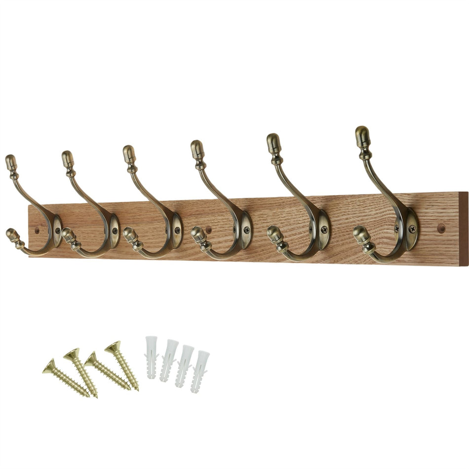 6 Antique Brass Deco Hooks on Light Rustic Wooden Board