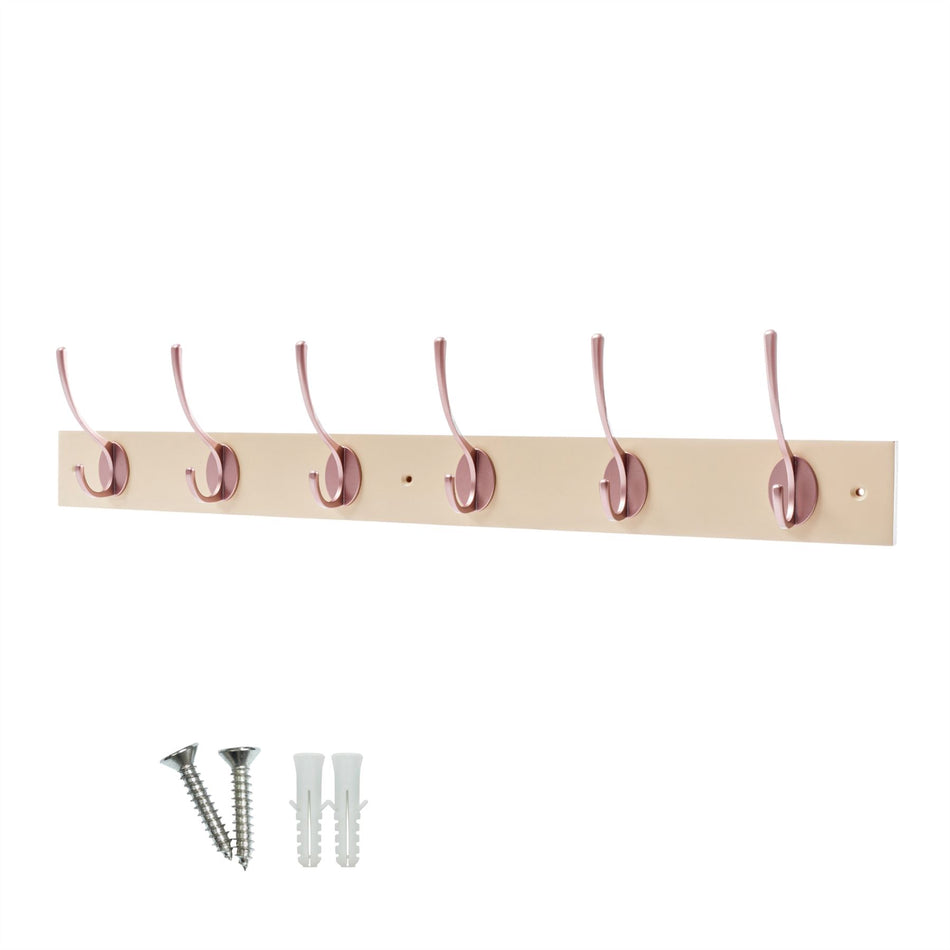 Cream Wall Mounted Coat Rack with Victorian Rose Gold Hooks - 6 Double Hooks