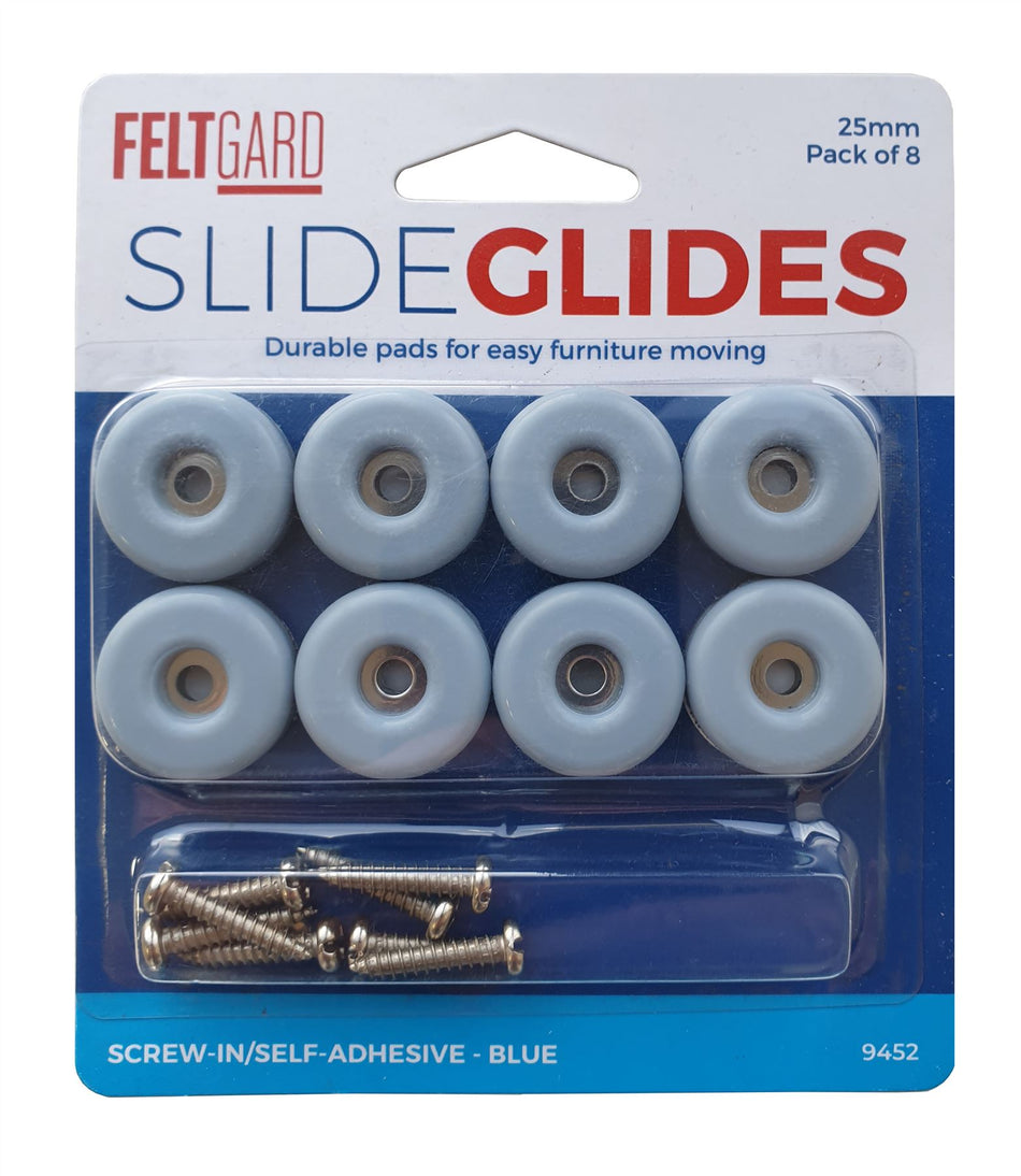 25mm Slide Glides Screw-in/Self-Adhesive Gliders for Furniture & Appliances - Pack of 8