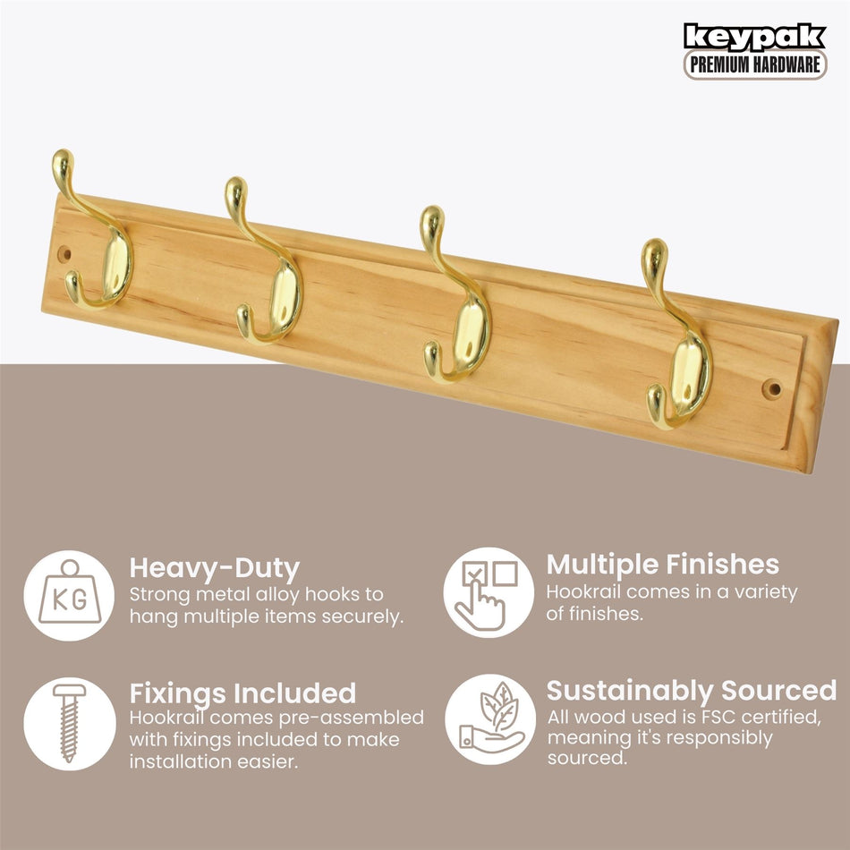 4 Polished Brass Heavy-Duty Hooks on Pine Wooden Board