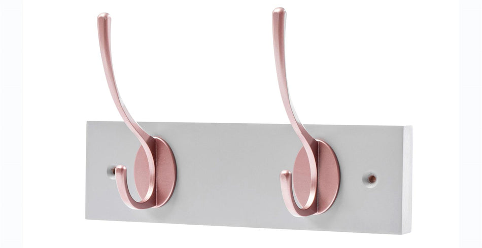 2 Rose Gold Coat Hooks on Dove Grey Wooden Board