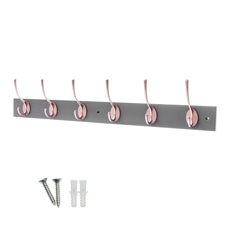 Slate Grey Wall Mounted Coat Rack with Victorian Rose Gold Hooks - 6 Double Hooks