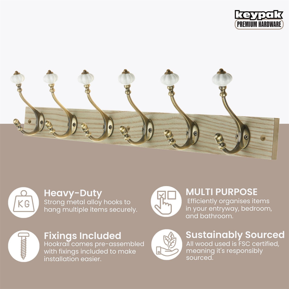 6 Ceramic Tip Hooks on Dark Rustic Wooden Board