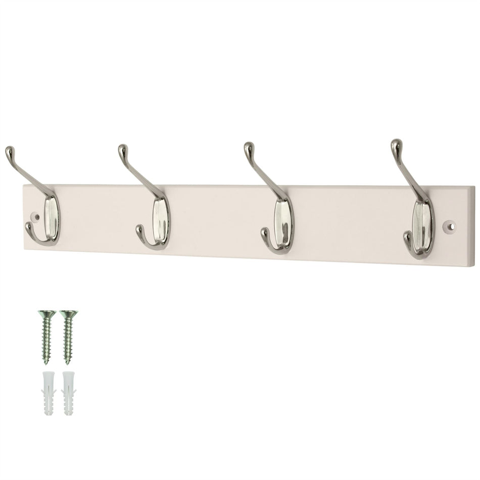 4-Hook Wall Mounted Coat Rack 45cm White Board-Double Chrome Hooks