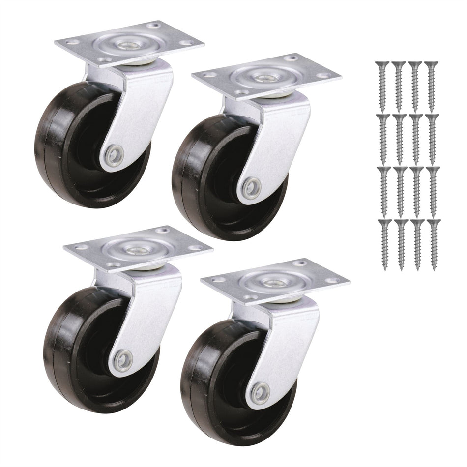 Swivel Castor Wheels 40mm Diameter, Black Plastic, Plate Fixing, 23kg Load - 4 Pack