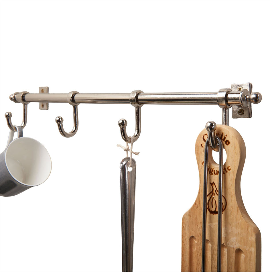 Satin Nickel Kitchen Rail with 4 Hooks – Wall-Mounted Utensil & Mug Hanger