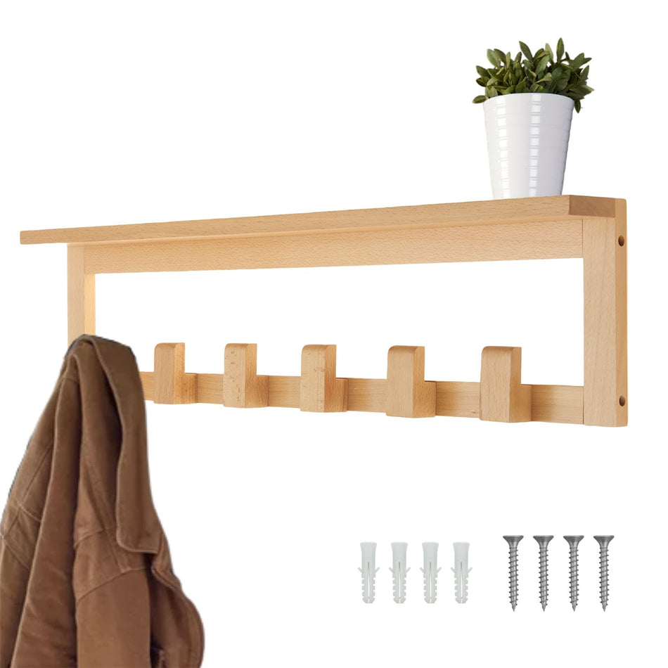 Wooden Wall Mounted Coat Rack with Shelf - 6 Pegs