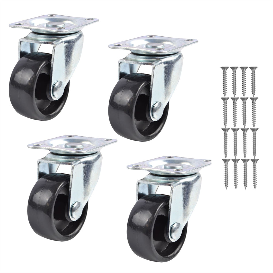 Swivel Castor Wheels 40mm Diameter, Black Plastic, Plate Fixing - 4 Pack