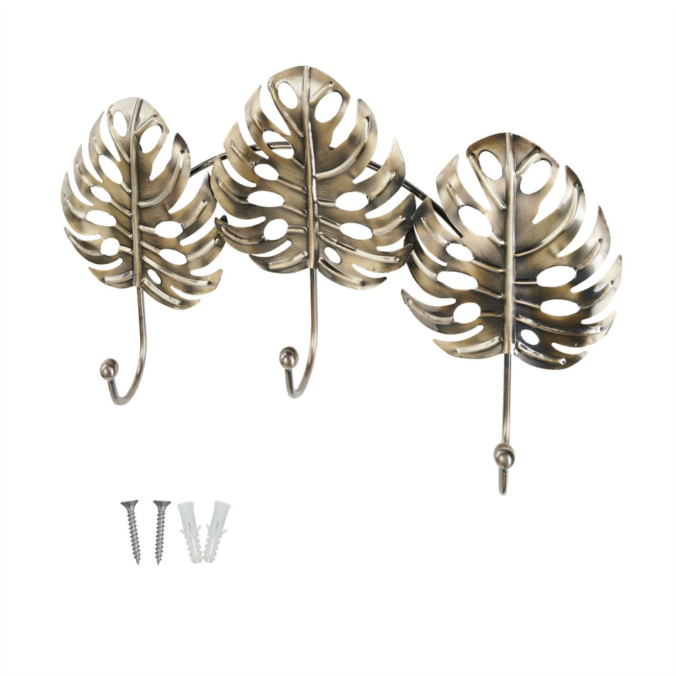 Brushed Brass Wide Leaf 3 Hook Decorative Wall Mounted Coat Rack