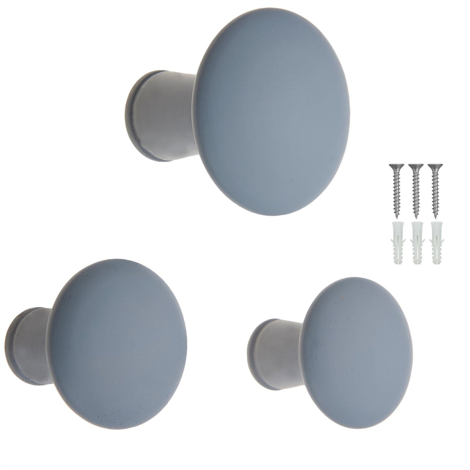 3 Wall Mounted Hooks - 50mm Grey Wood Decorative Coat Hooks