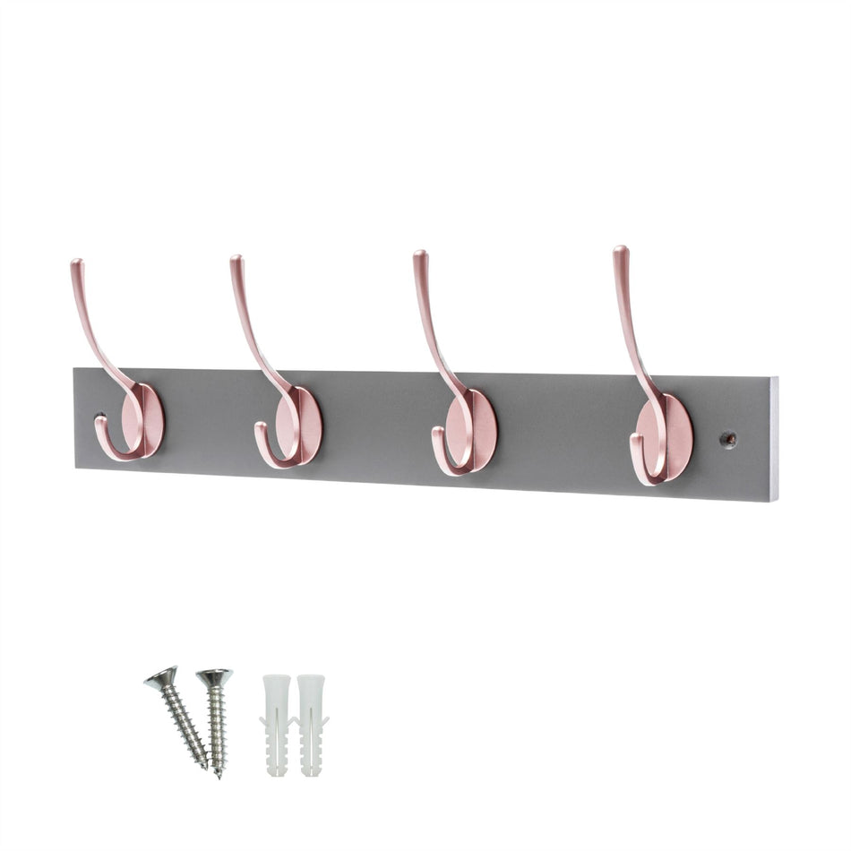 Slate Grey Wall Mounted Coat Rack with Victorian Rose Gold Hooks - 4 Double Hooks