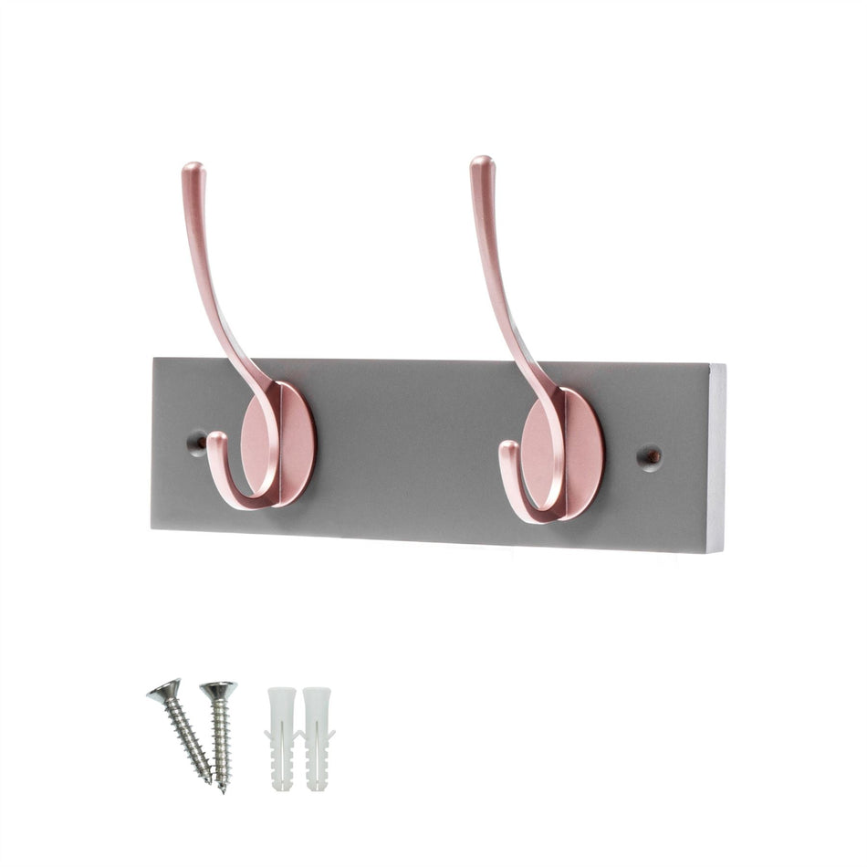 Slate Grey Wall Mounted Coat Rack with Victorian Rose Gold Hooks - 2 Double Hooks