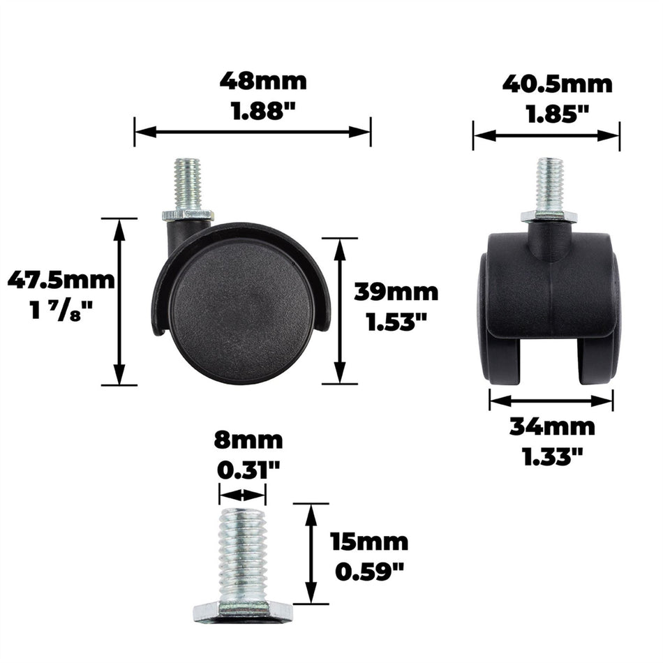 Hooded Swivel Castor Wheels 40mm Twin Wheel, Threaded Stem, 18kg Load - 4 Pack