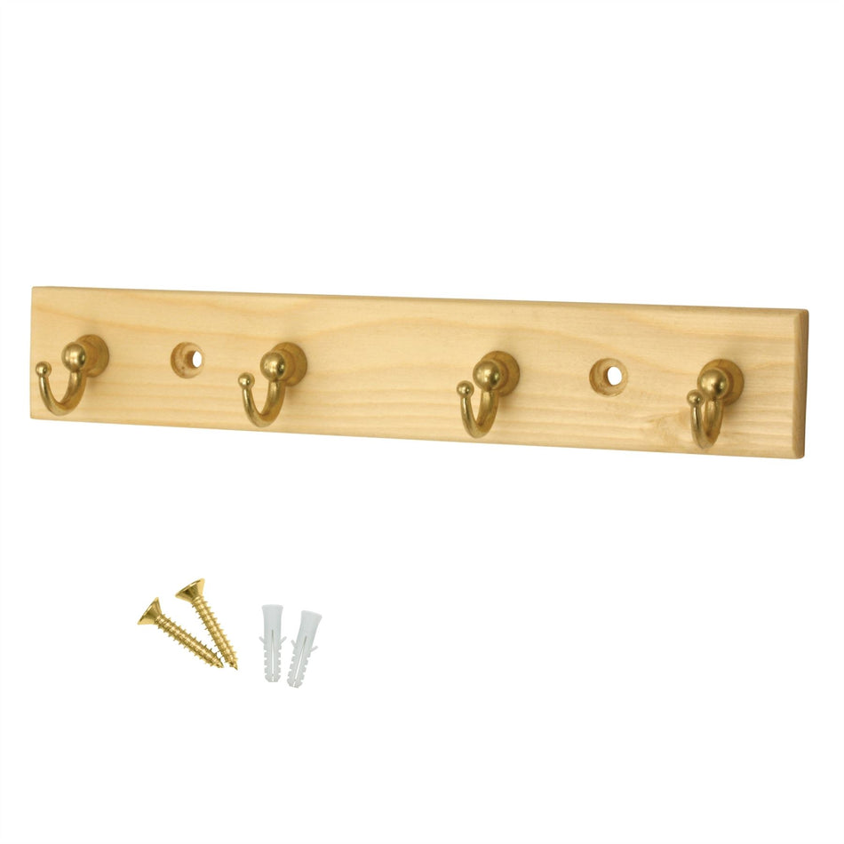 4 Brass Cup Hooks on Pine Wooden Board