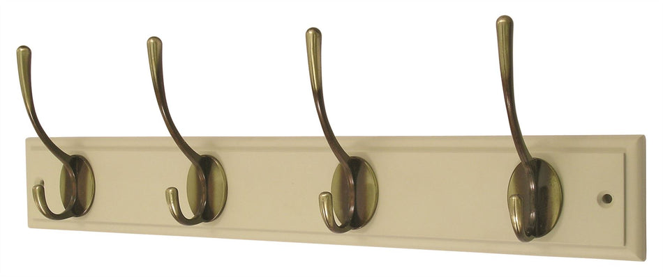 4 Antique Brass Coat Hooks on Cream Wooden Board