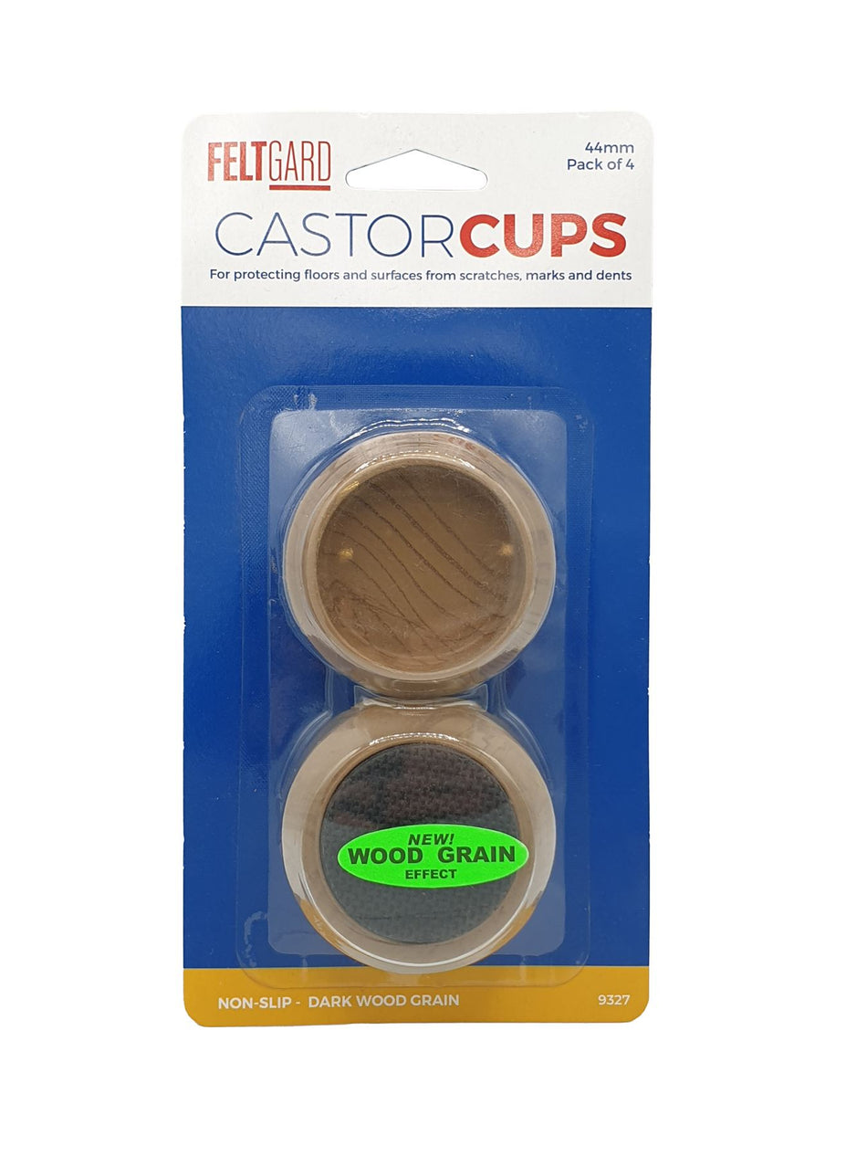 44mm Dark Wood Effect Non-Slip Furniture Castor Cups – 4 Pack